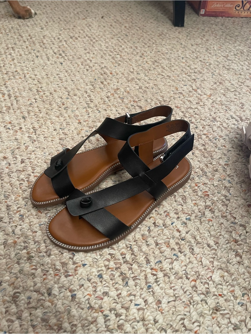 Franco Sarto Black Leather T-Strap Sandals with Brown Footbed